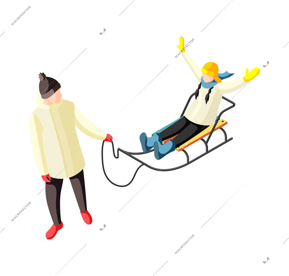 Happy teenagers going sledding 3d isometric vector illustration