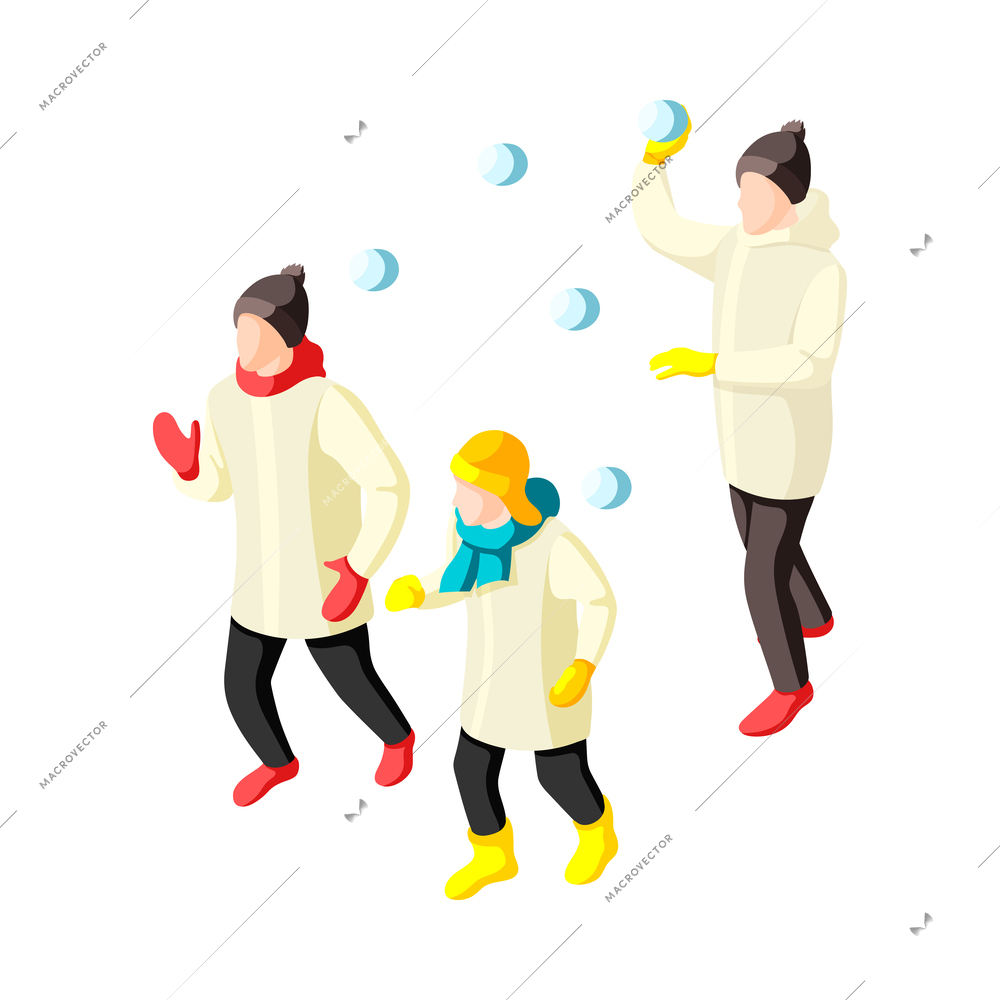 Winter holiday isometric icon with family playing snowballs together vector illustration