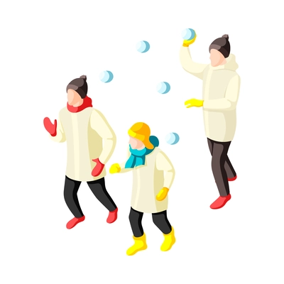 Winter holiday isometric icon with family playing snowballs together vector illustration