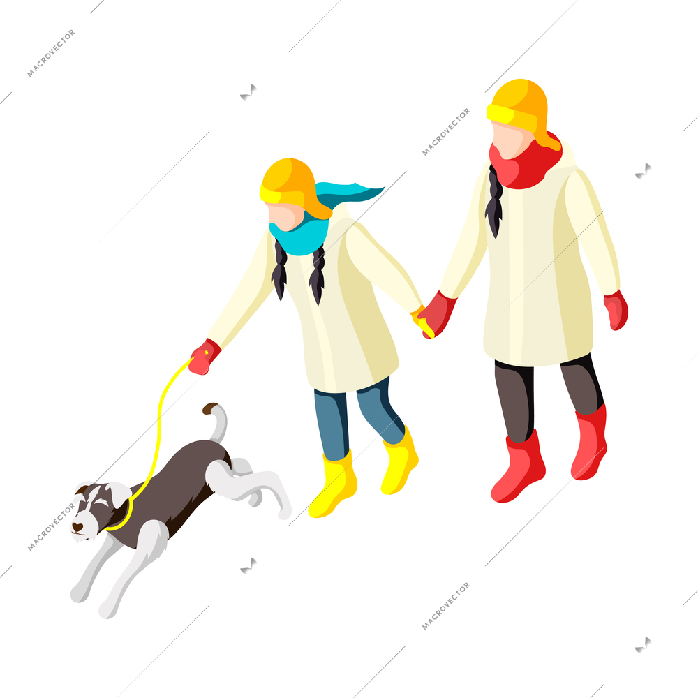 Winter holiday isometric icon with mum and daughter walking with dog 3d vector illustration