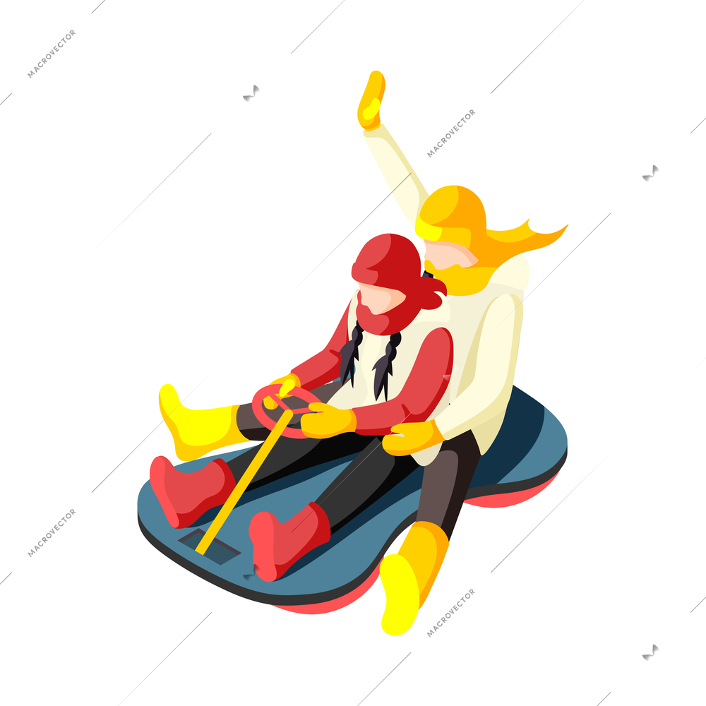 Winter holiday isometric icon with family having fun sledding on tubing vector illustration