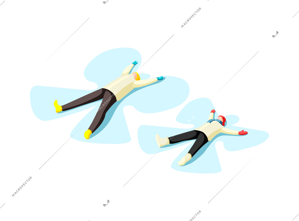 Winter holiday isometric icon with family doing snow angels vector illustration