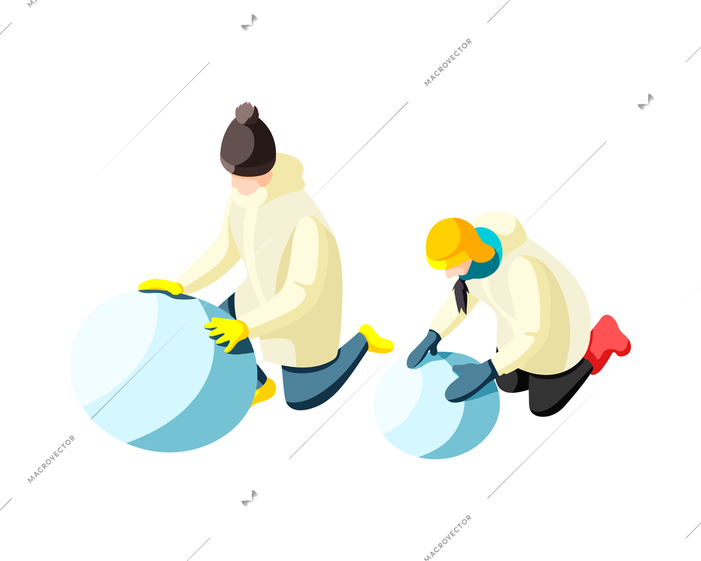 Winter holiday isometric icon with family making snowman vector illustration