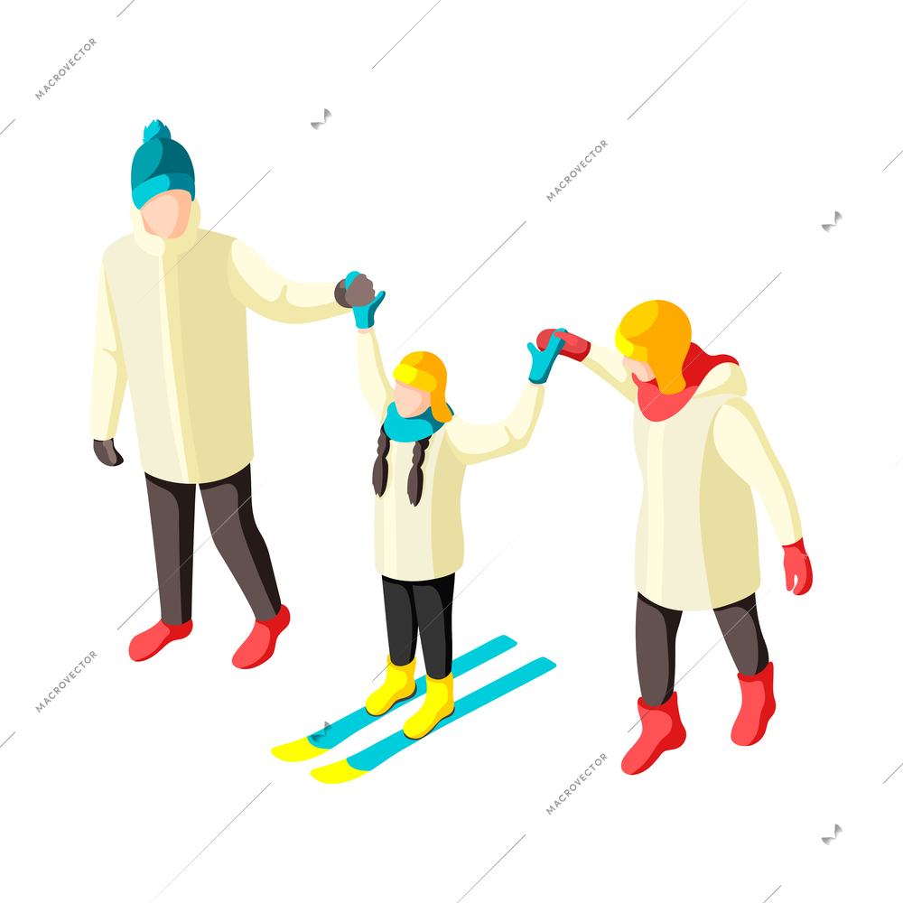 Winter holiday isometric icon with girl learning to ski with parents 3d vector illustration