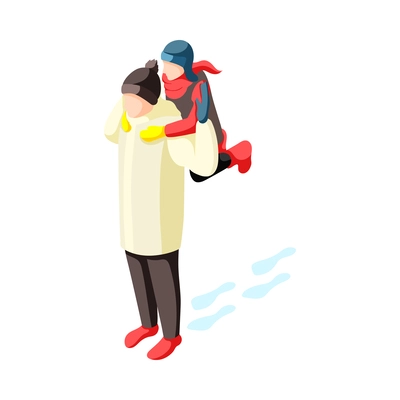 Family winter holiday isometric icon with dad walking with son in snow vector illustration