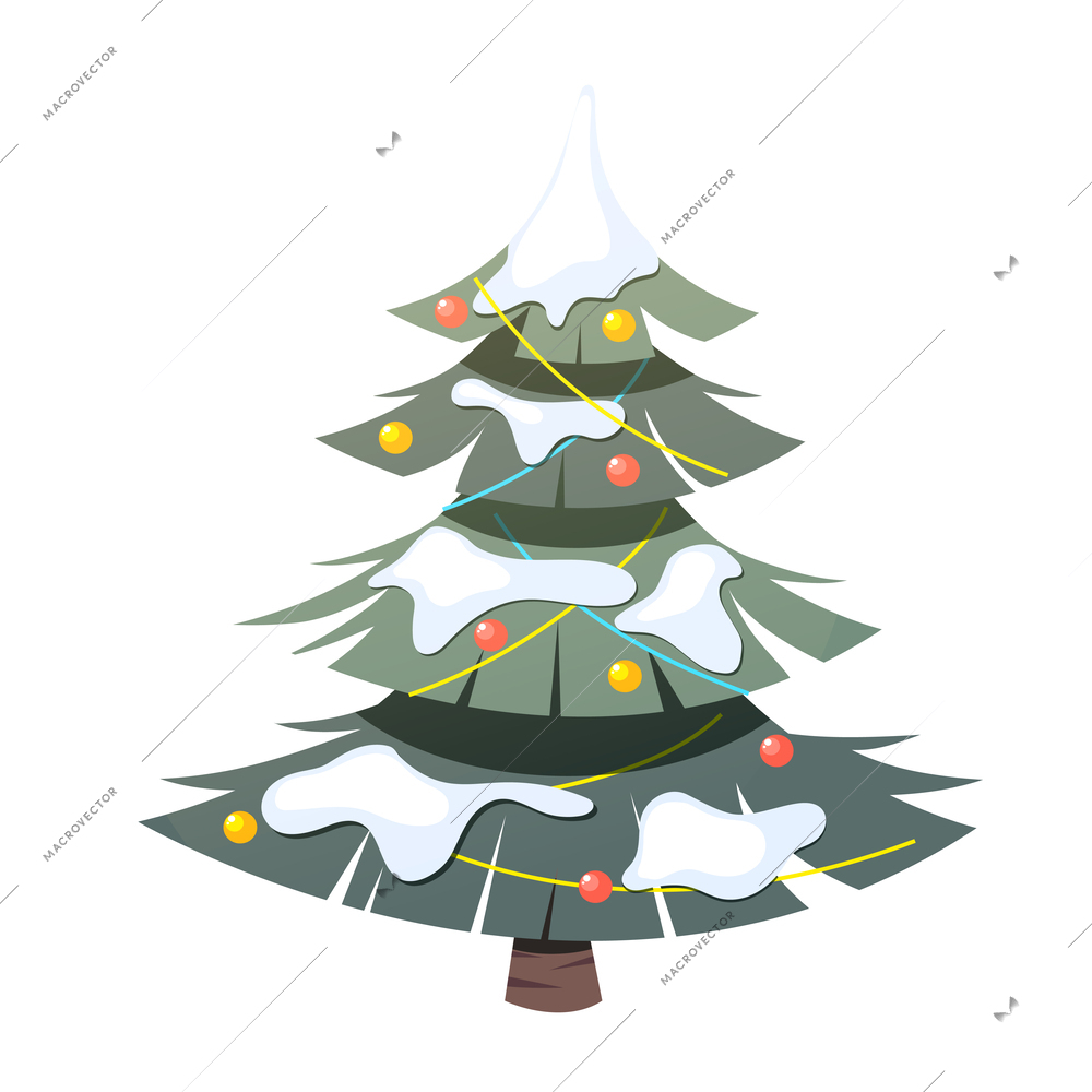 Christmas tree with colorful baubles covered with snow 3d isometric vector illustration