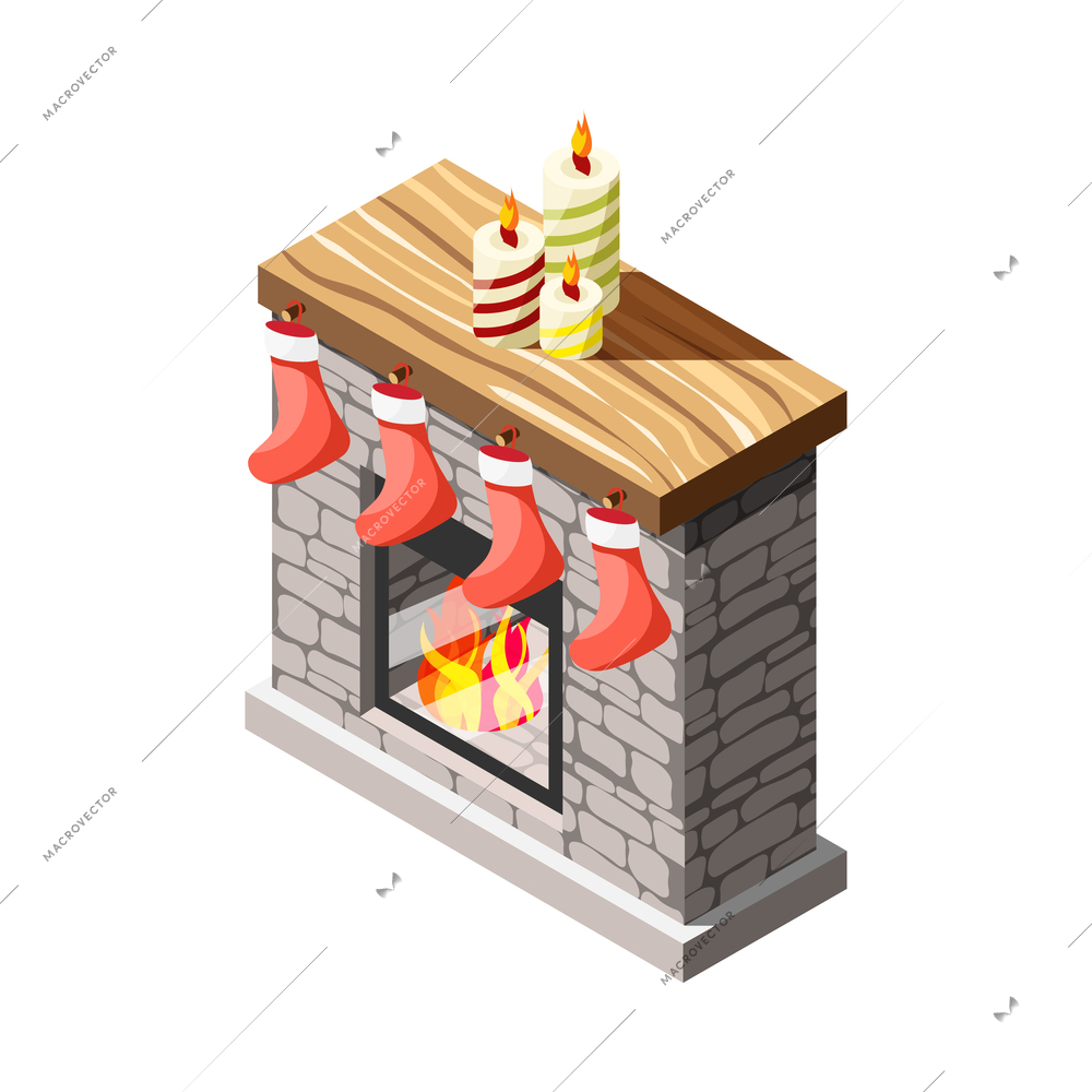 Winter holiday isometric icon with christmas stockings and candles on burning fireplace 3d vector illustration