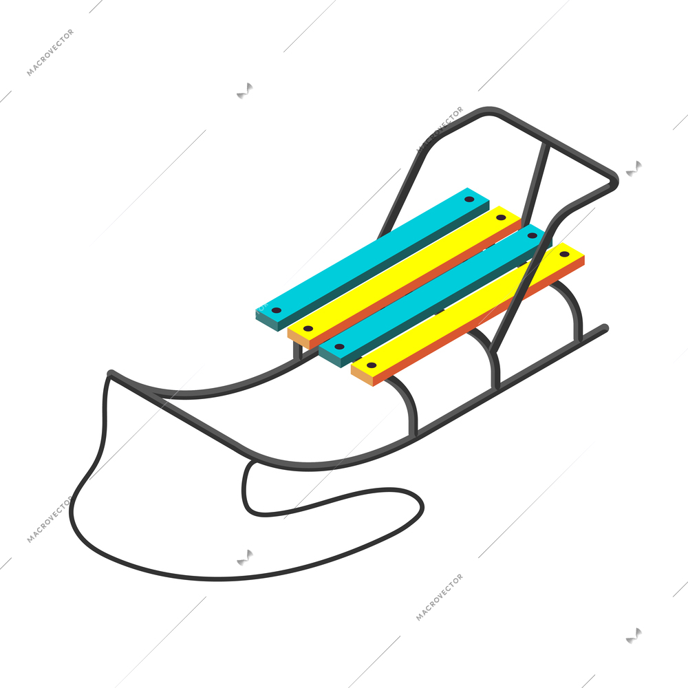 Isometric icon of colorful children wooden sleigh on white background 3d vector illustration
