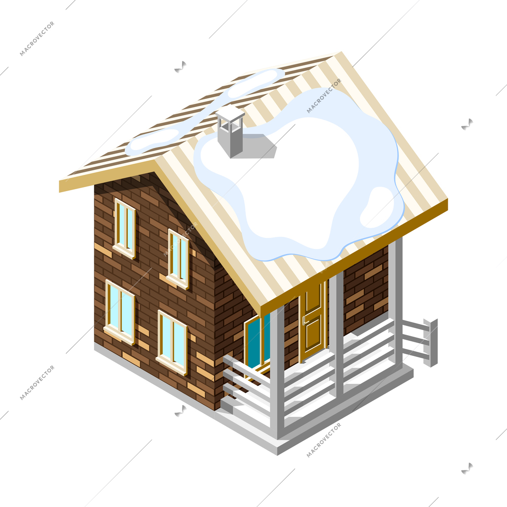 Isometric rental house for winter holiday ski resort with roof covered with snow 3d vector illustration