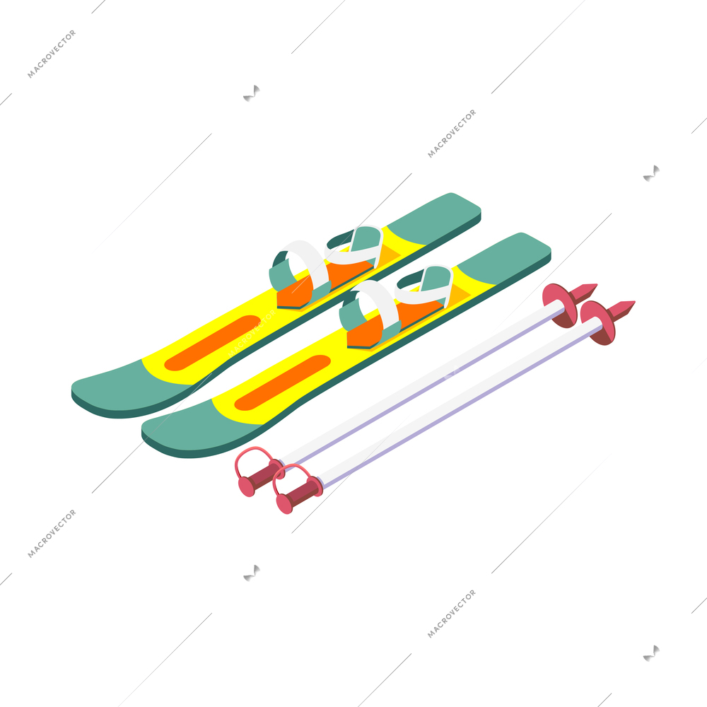 Pair of color skis with poles 3d isometric icon vector illustration