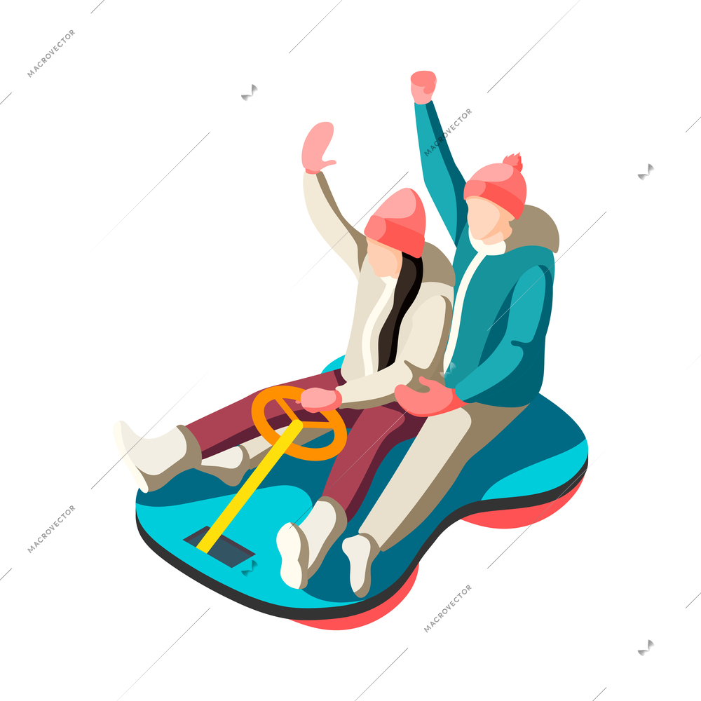 Happy people sledding on tubing down hill 3d isometric vector illustration