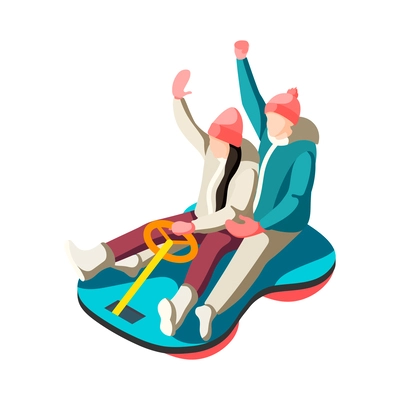 Happy people sledding on tubing down hill 3d isometric vector illustration