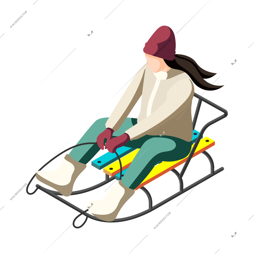 Isometric sledding woman on white background 3d vector illustration