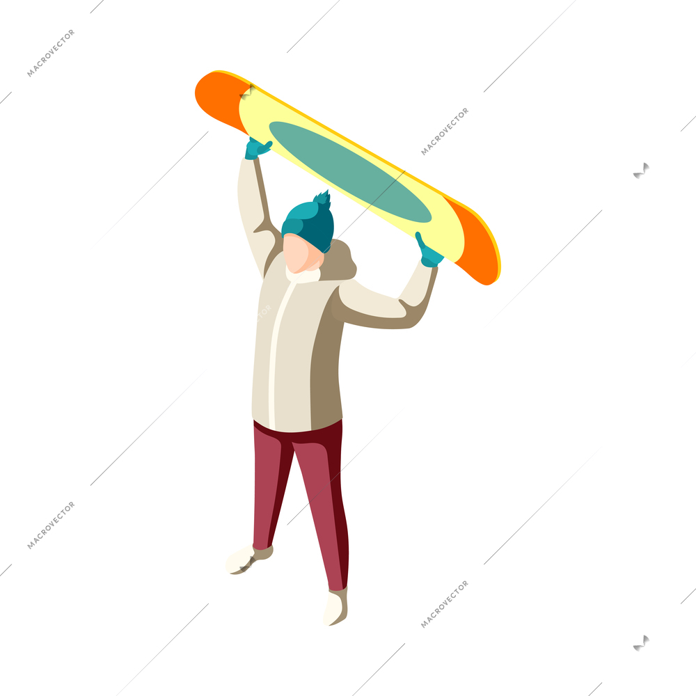 Isometric man holding snowboard on white background 3d vector illustration