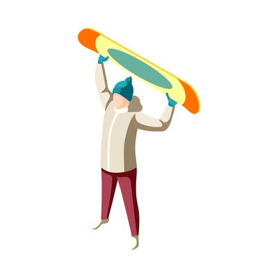 Isometric man holding snowboard on white background 3d vector illustration