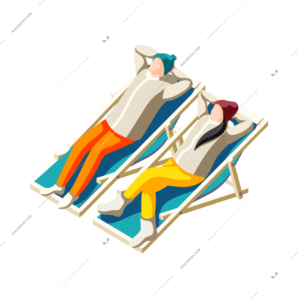 Ski resort isometric icon with man and woman in outwear having rest in lounge chairs 3d vector illustration