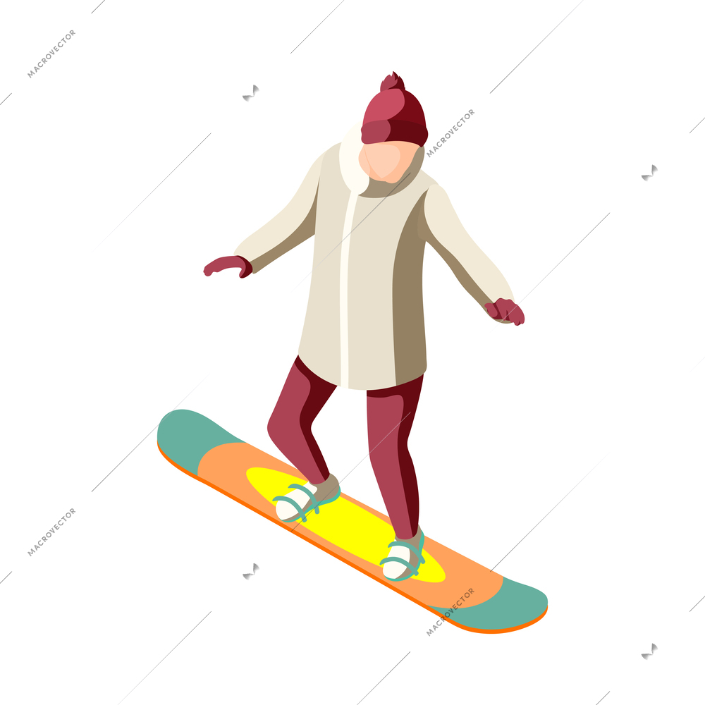 Snowboarding faceless man on white background 3d isometric vector illustration