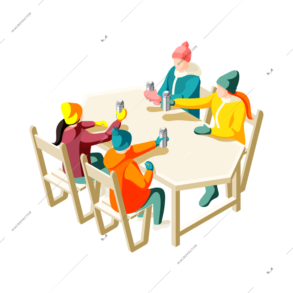 Ski resort isometric icon with family drinking from thermos bottles at table 3d vector illustration