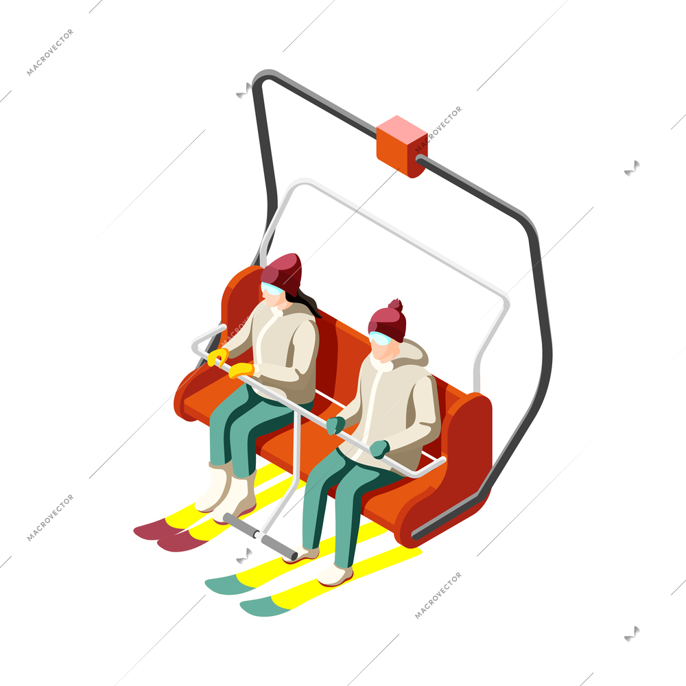 Ski resort isometric icon with two skiers using chair lift 3d vector illustration