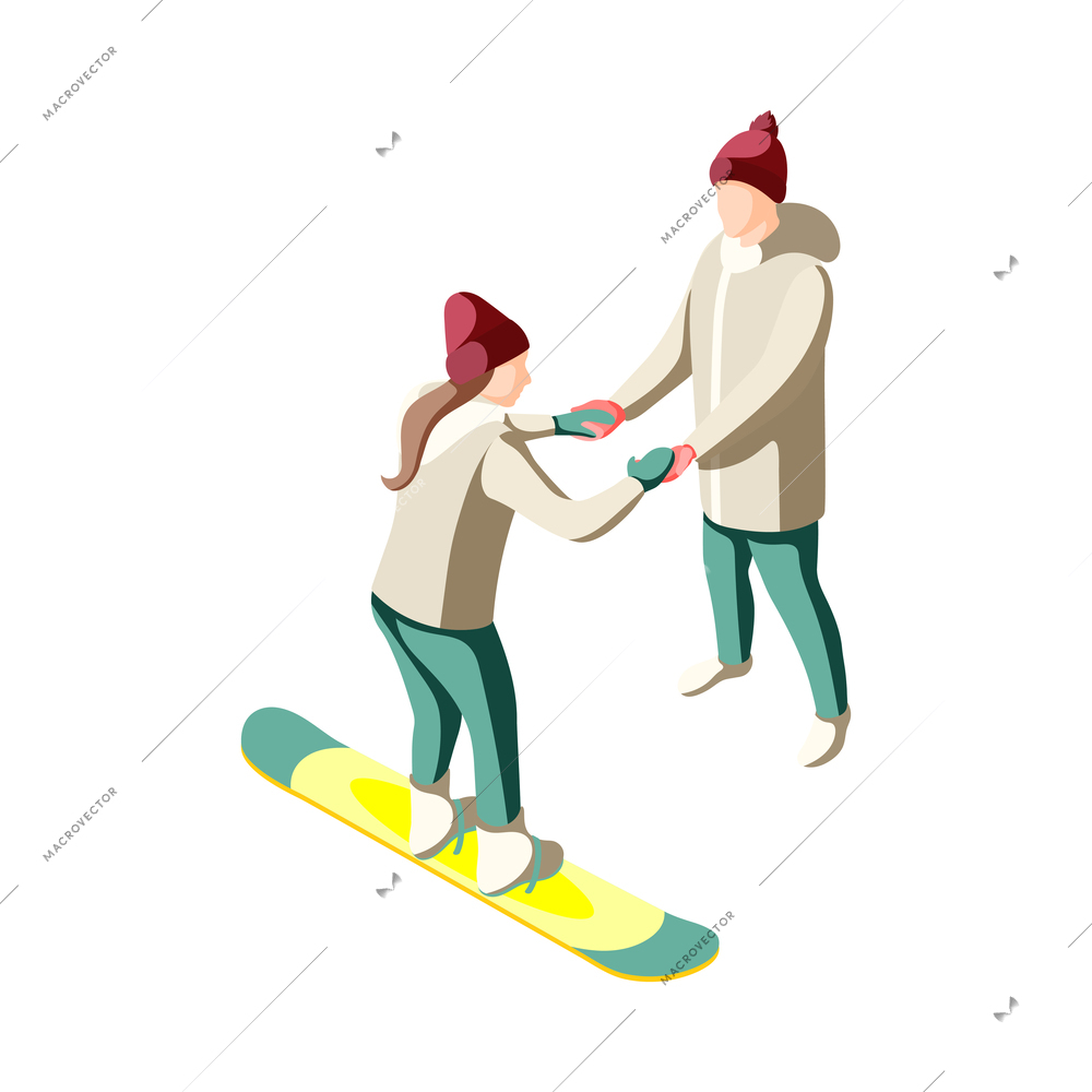 Man helping woman learn to snowboard 3d isometric vector illustration