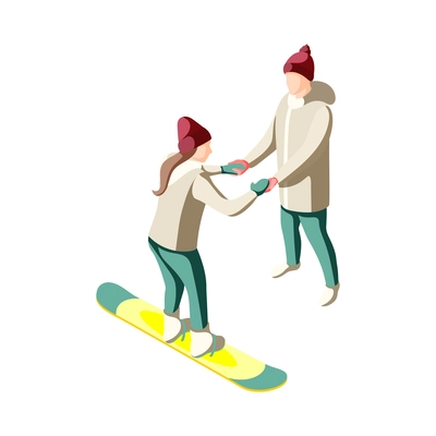 Man helping woman learn to snowboard 3d isometric vector illustration