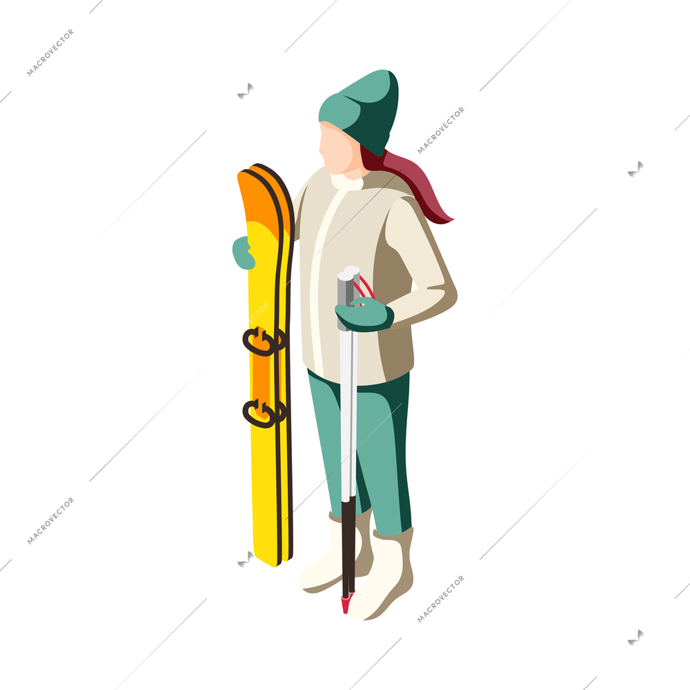 Ski resort isometric icon with woman standing with skis and poles 3d vector illustration