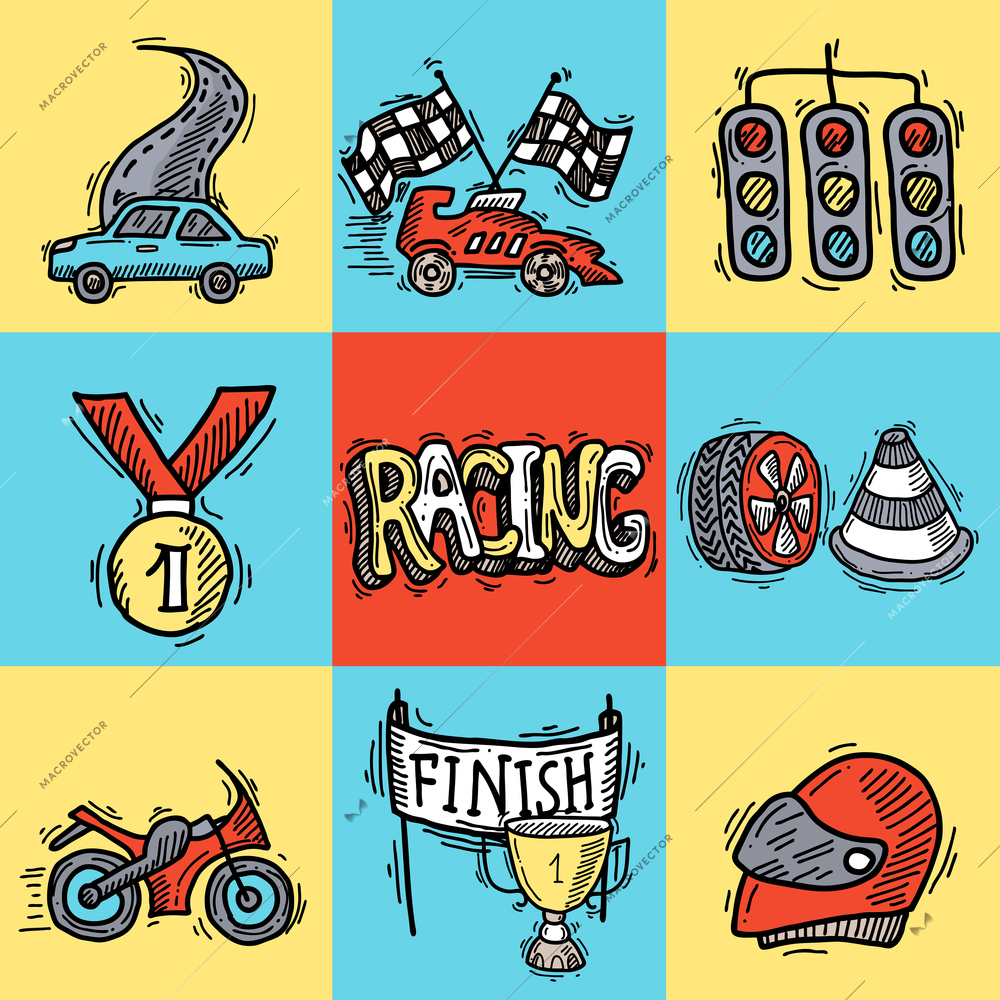 Racing design concept set with auto sport sketch decorative icons isolated vector illustration