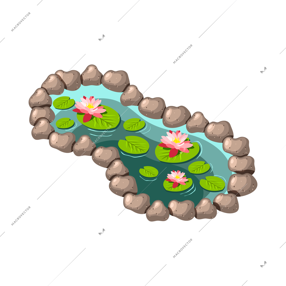 Landscaping isometric garden park element with pond with water lilies 3d vector illustration