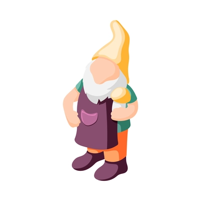 Isometric garden gnome holding mushroom icon 3d vector illustration