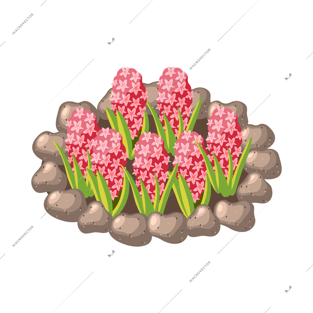 Isometric flowerbed surrounded with stones 3d vector illustration