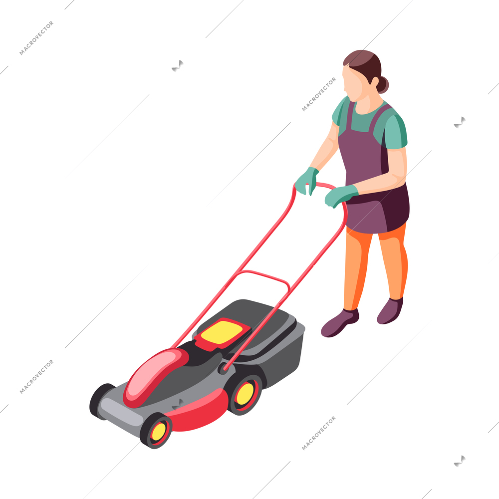 Isometric female gardener with lawn mower 3d vector illustration
