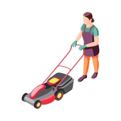 Isometric female gardener with lawn mower 3d vector illustration