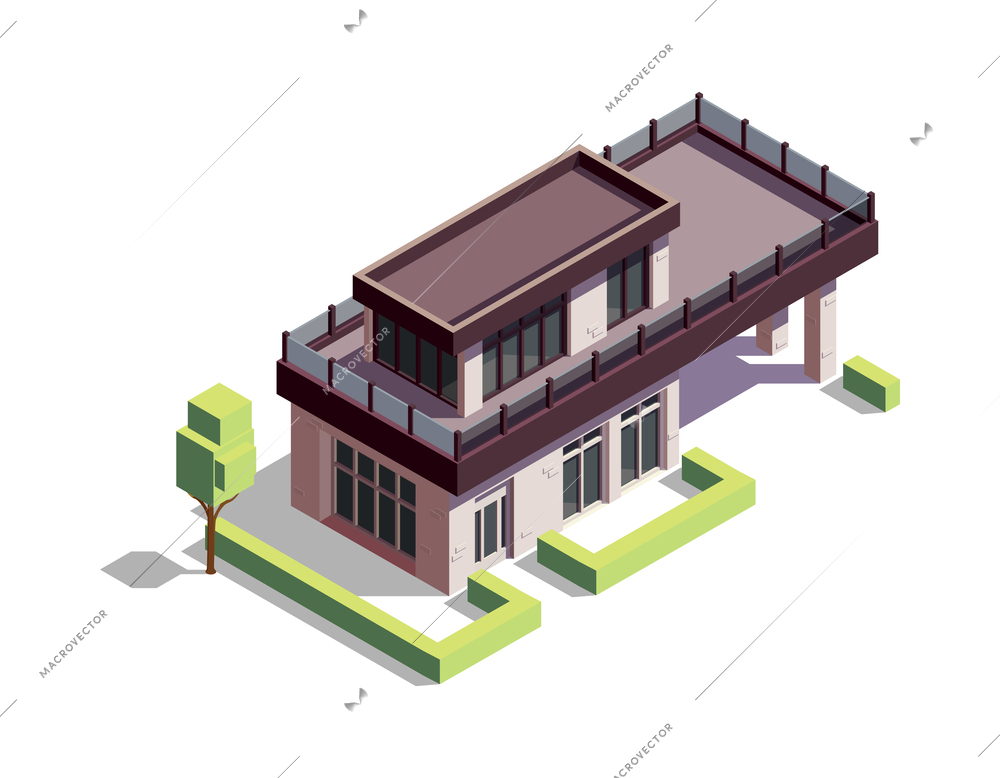 Isometric modern two storeyed suburban private residential house 3d vector illustration