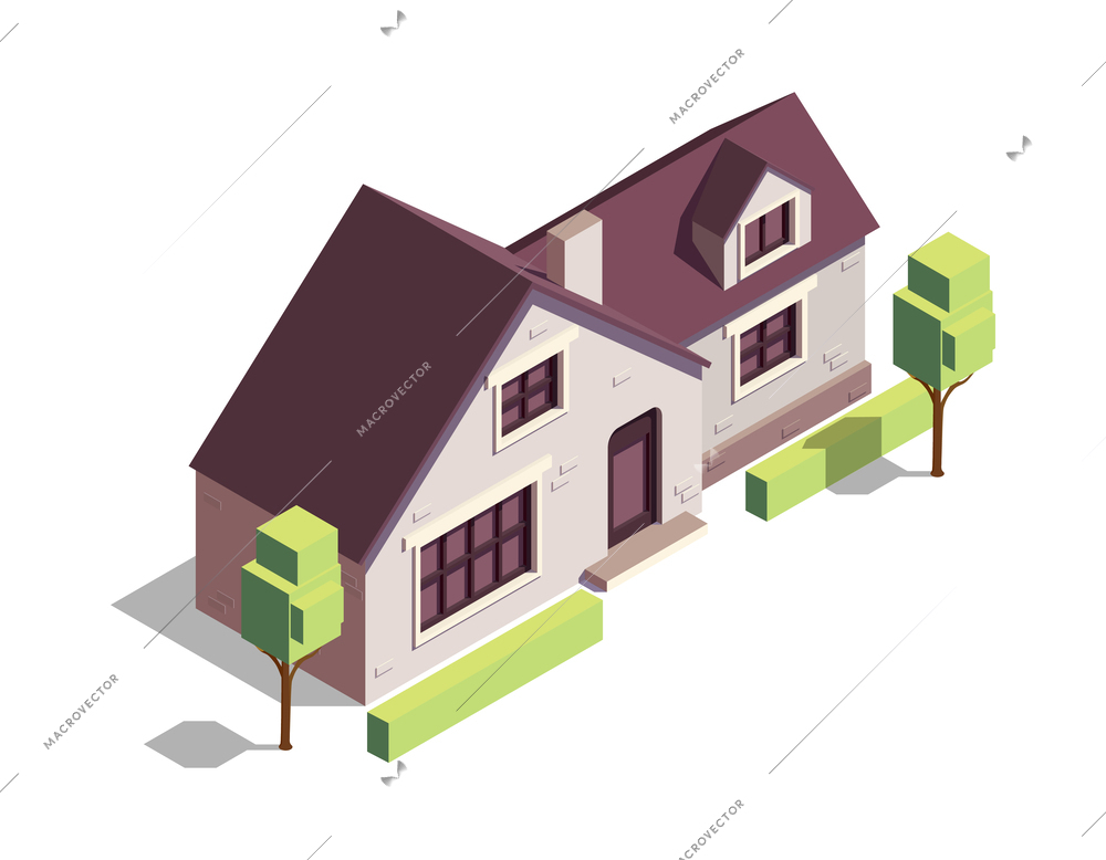 Isometric modern suburban residential house with green trees 3d vector illustration