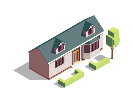 Isometric suburban private house with green tree and trimmed bushes 3d vector illustration