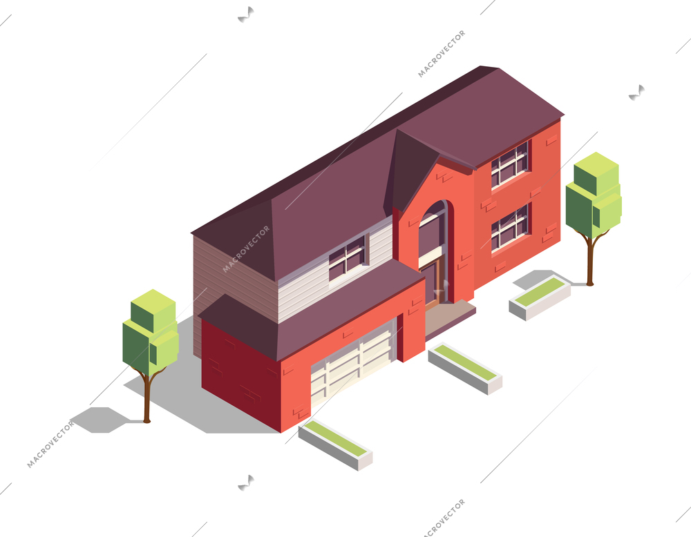 Suburban private brick house with garage 3d isometric vector illustration