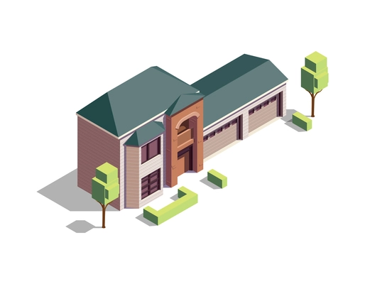 Modern suburban brick house with garage 3d isometric vector illustration