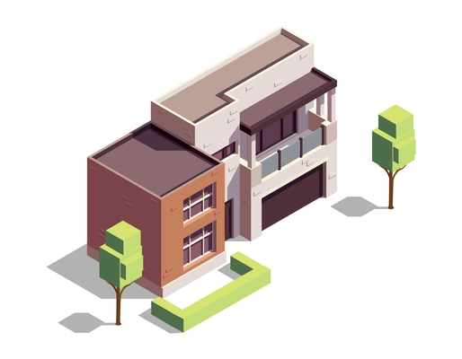 Modern suburban brick residential building 3d isometric vector illustration