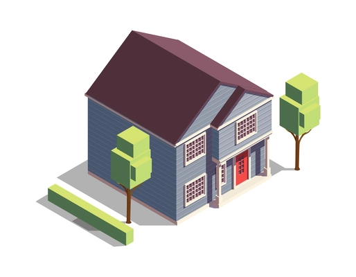 Isometric wooden suburban residential building with green bushes and trees 3d vector illustration