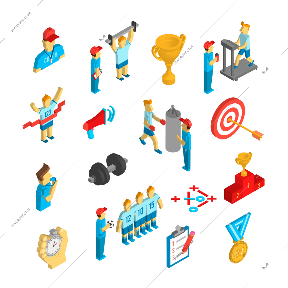 Coaching athlete performance sport decorative icon isometric set isolated vector illustration