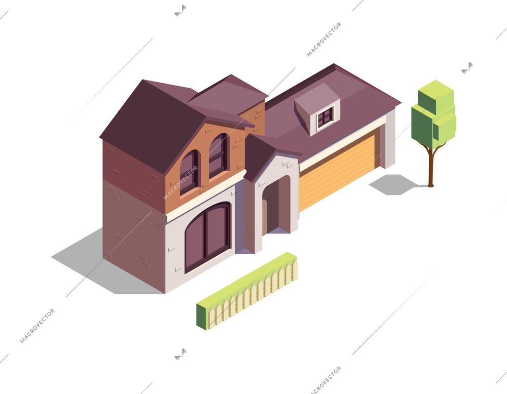 Isometric modern brick residential building with tree 3d vector illustration