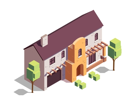 Suburban private brick residential building with garage and green trees 3d isometric vector illustration