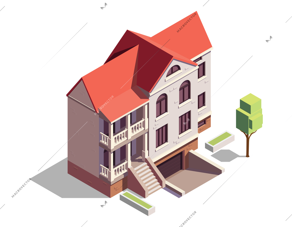 Modern suburban residential building with garage and green trees 3d isometric vector illustration