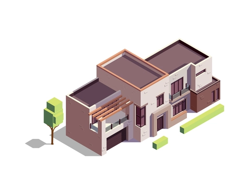 Isometric modern suburban residential building with balcony and garage 3d vector illustration