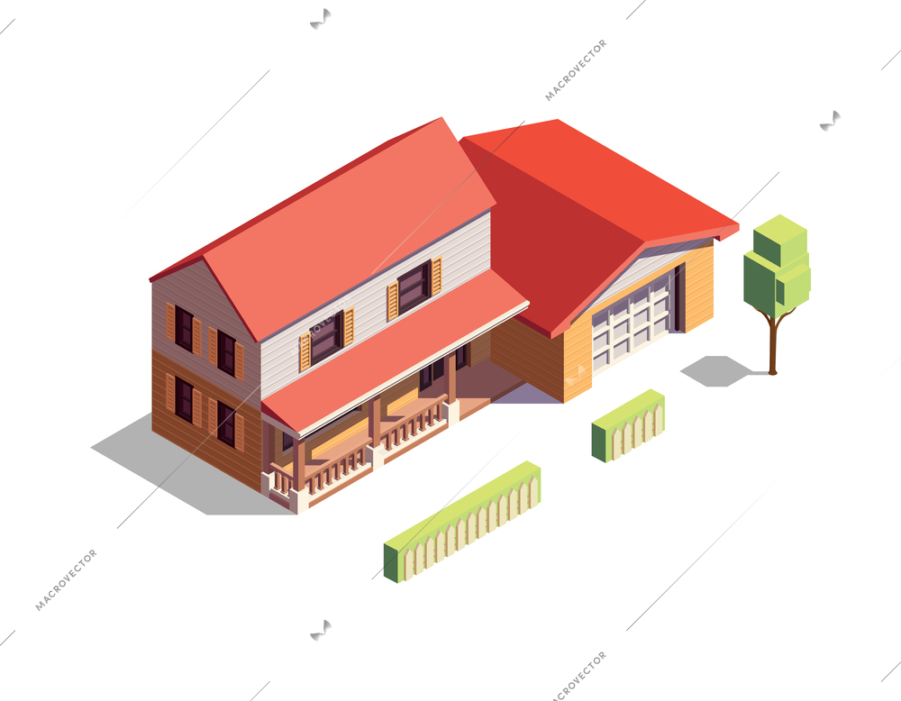 Modern wooden suburban residential building with garage and fence 3d isometric vector illustration