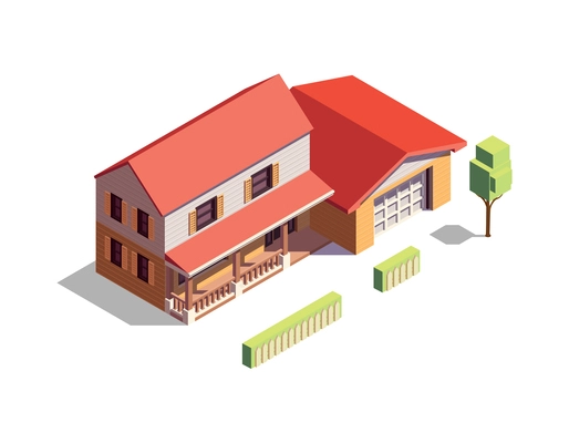 Modern wooden suburban residential building with garage and fence 3d isometric vector illustration
