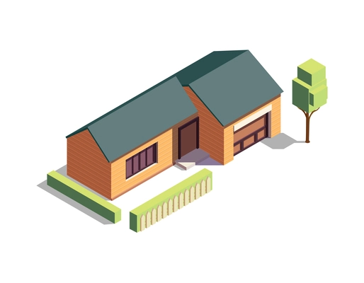 Isometric wooden suburban house with garage and fence 3d vector illustration