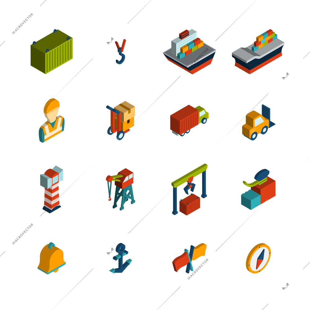 Seaport marine shipping transportation icon isometric set isolated vector illustration