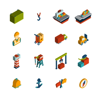 Seaport marine shipping transportation icon isometric set isolated vector illustration