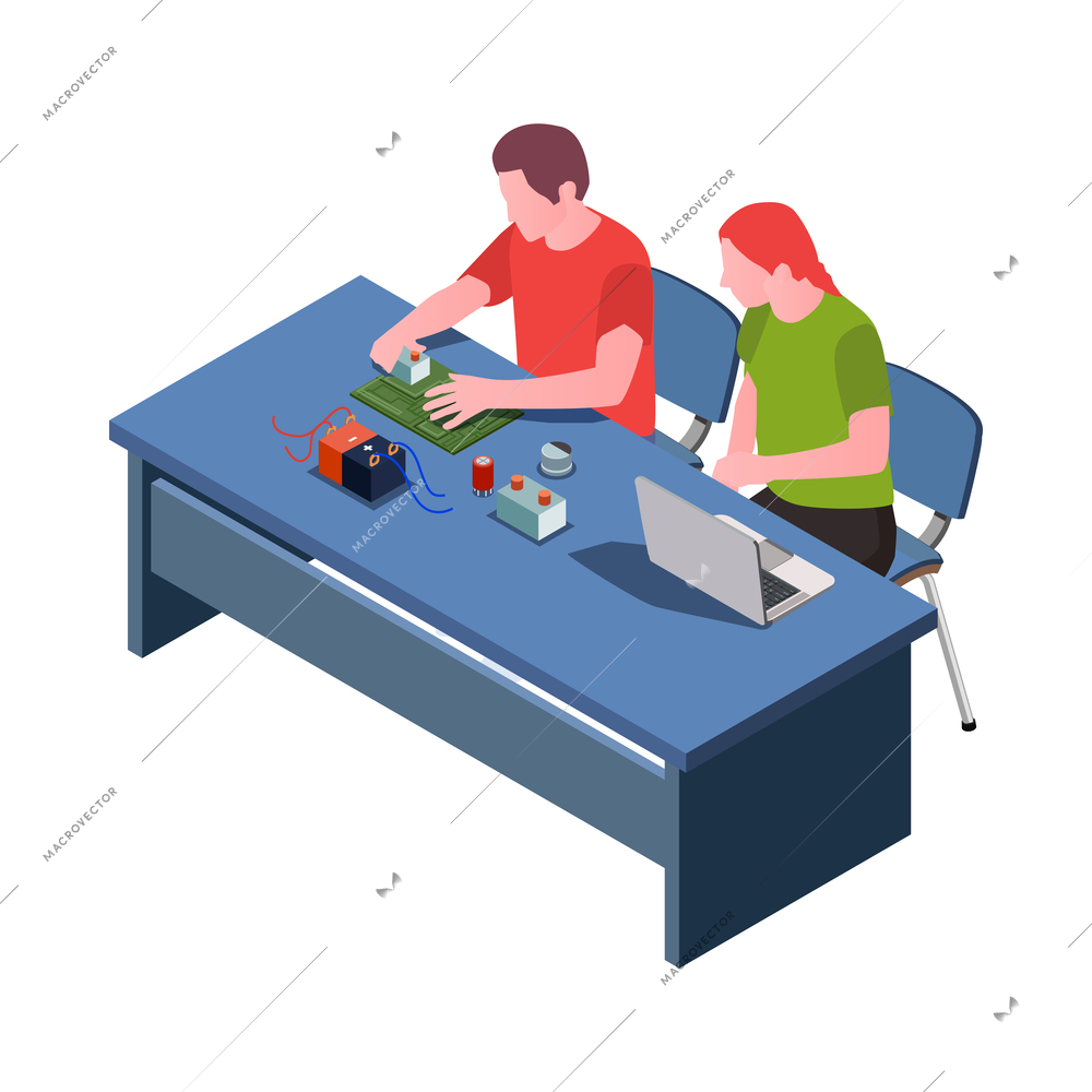 Stem education isometric icon with students having engineering lesson 3d vector illustration
